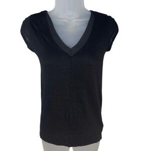 Catherine Malandrino Black Linen V-Neck Cap Sleeve Top XS Lightweight Minimalist